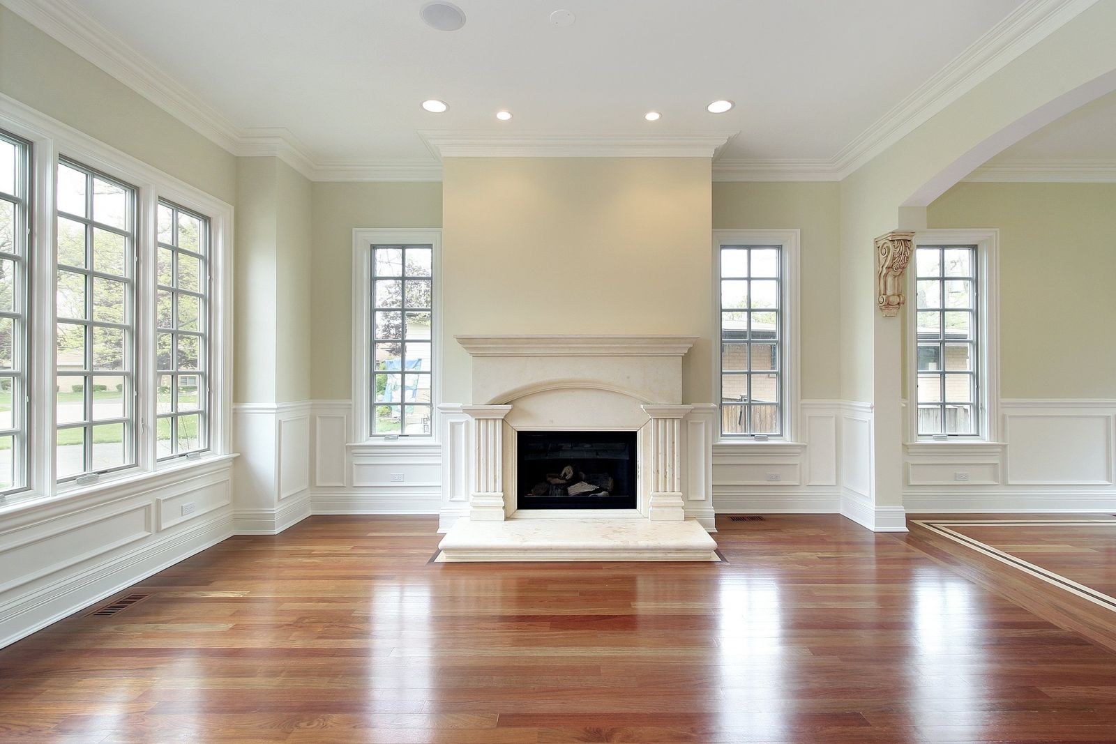 colonial moulding around windows and fireplace