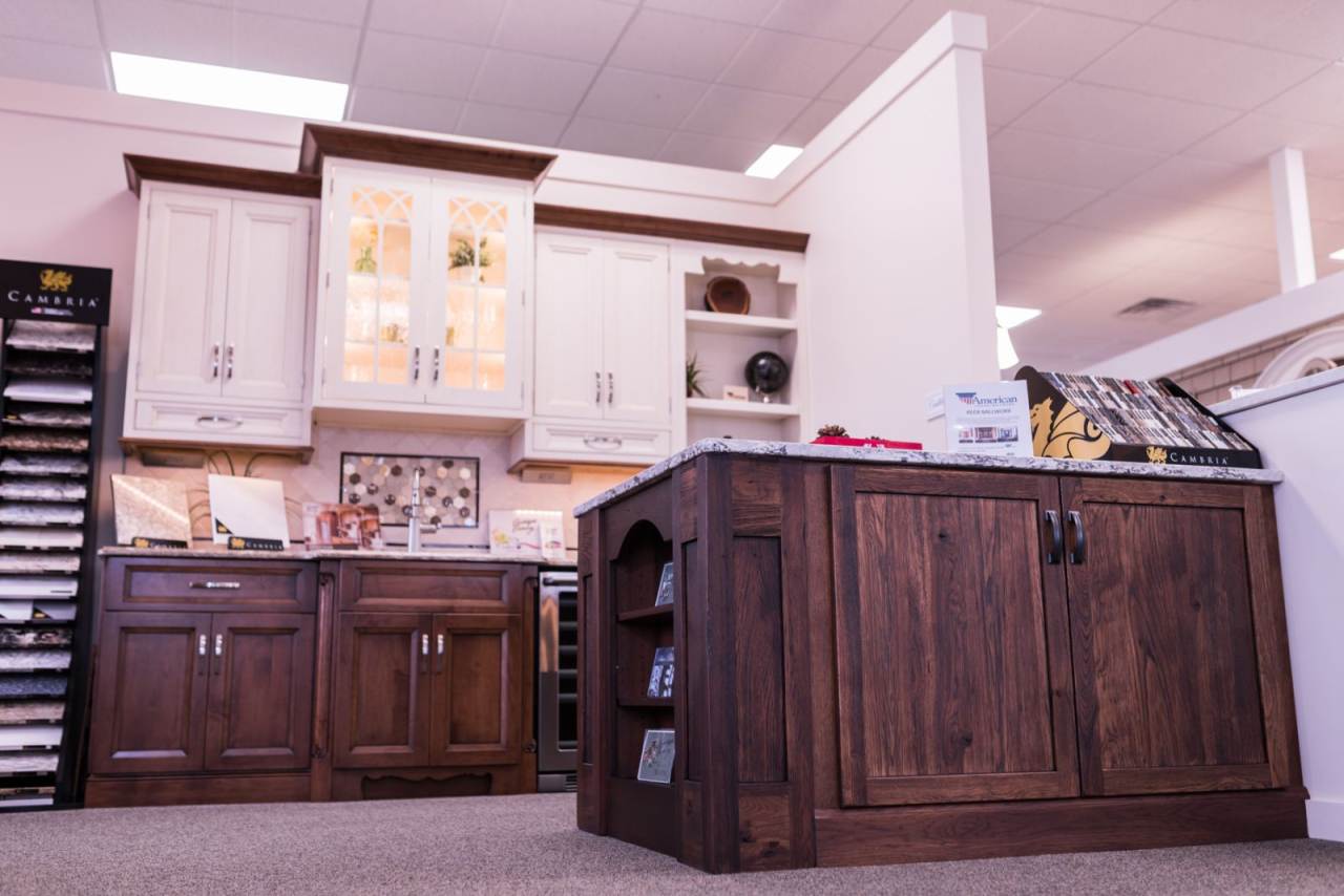 Kitchen showroom showcasing cabinets, and countertop samples in Baltimore, MD