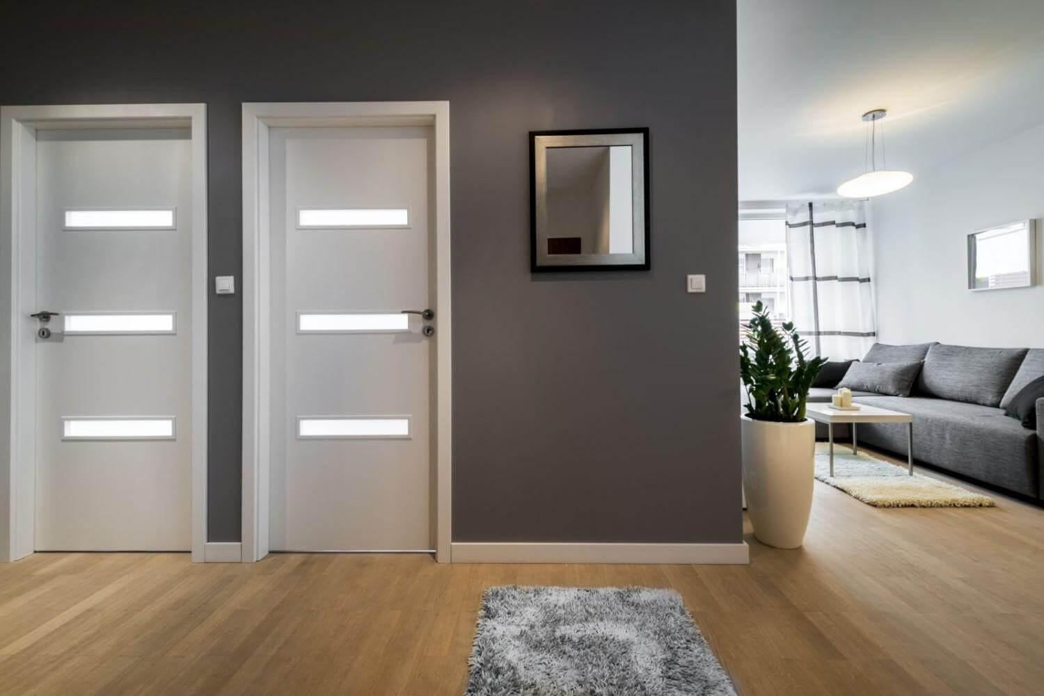 Modern interior hallway with white doors, gray walls, wood flooring, and living room seating area