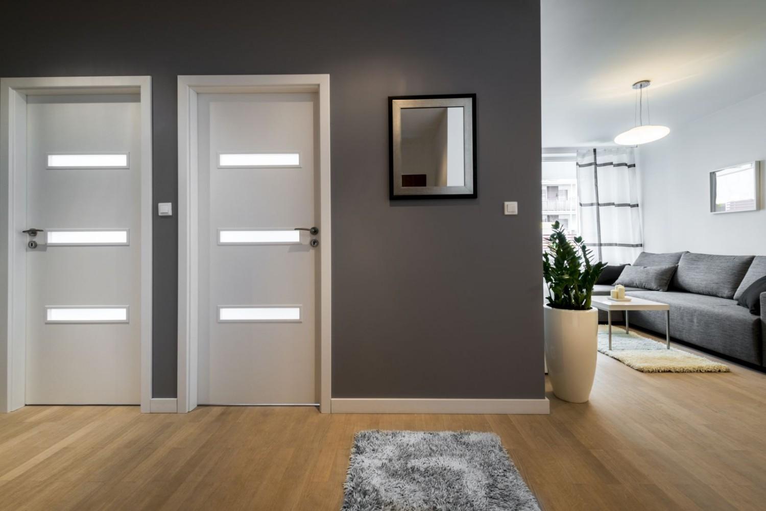 Modern interior hallway with white doors, gray walls, wood flooring, and living room seating area