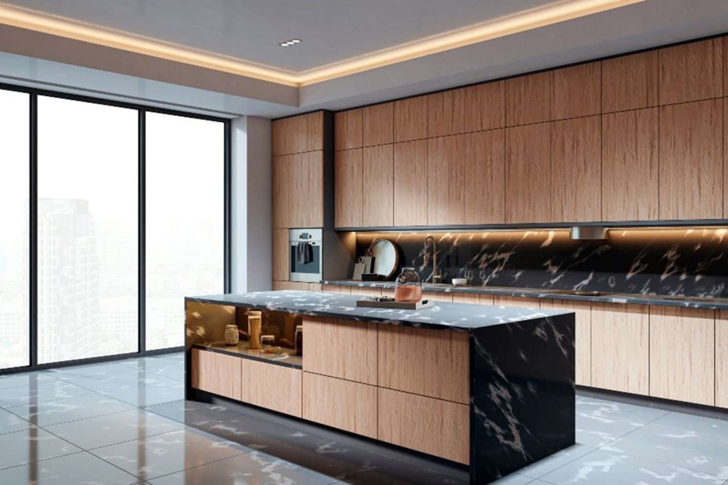 Modern kitchen with wood cabinets, black marble island, floor-to-ceiling windows, and LED lighting